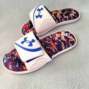 Under Armour Boys Flip Flops Slides White Red Blue size 3